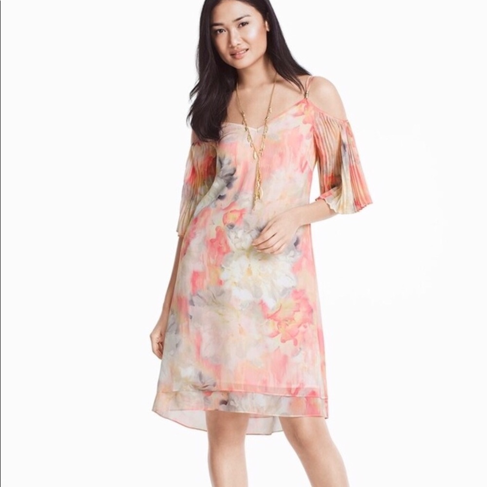 WHBM Pleated Cold Shoulder Watercolor Print Dress